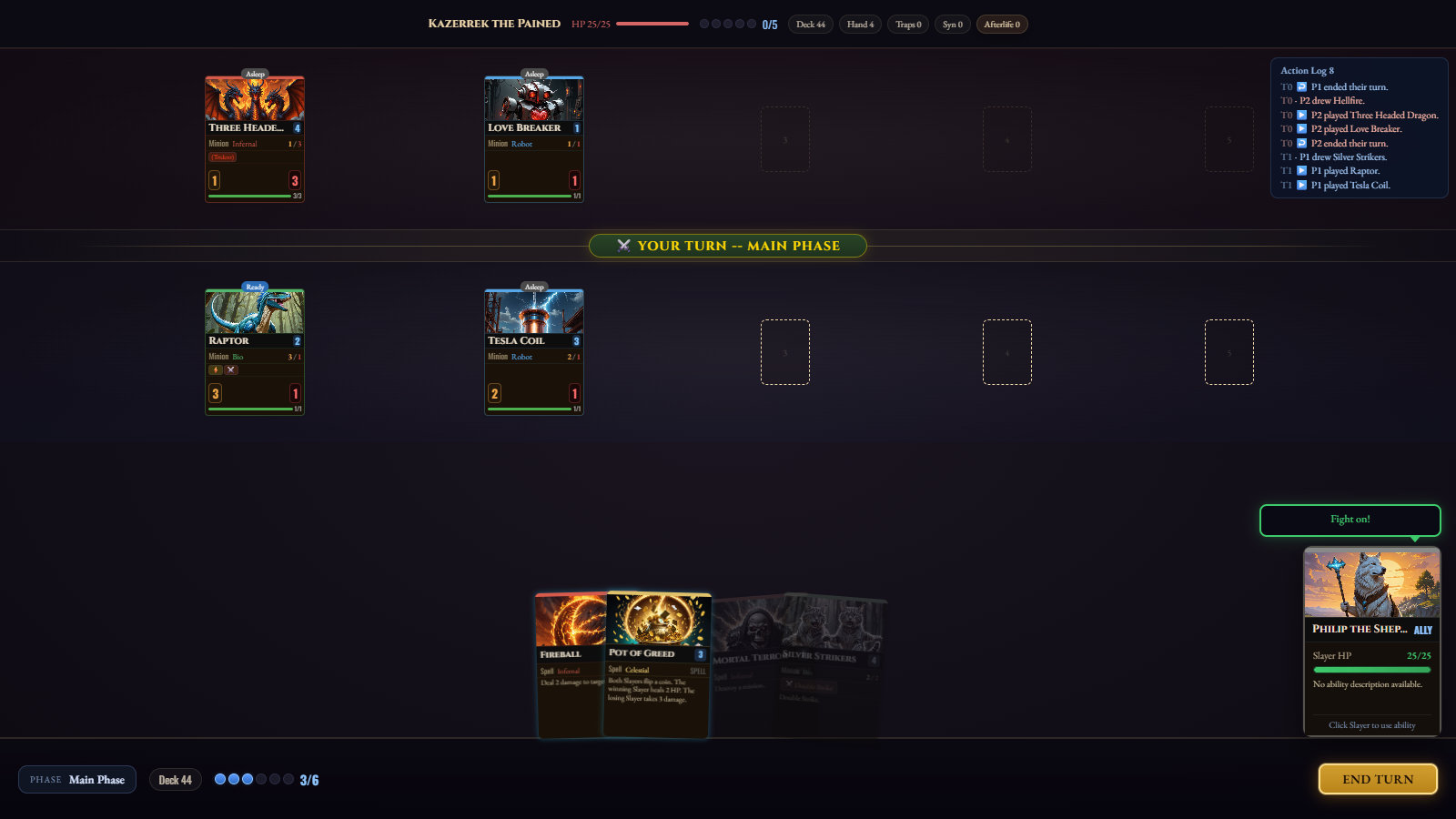 Card Slayer battle board with minions, spells and a hero